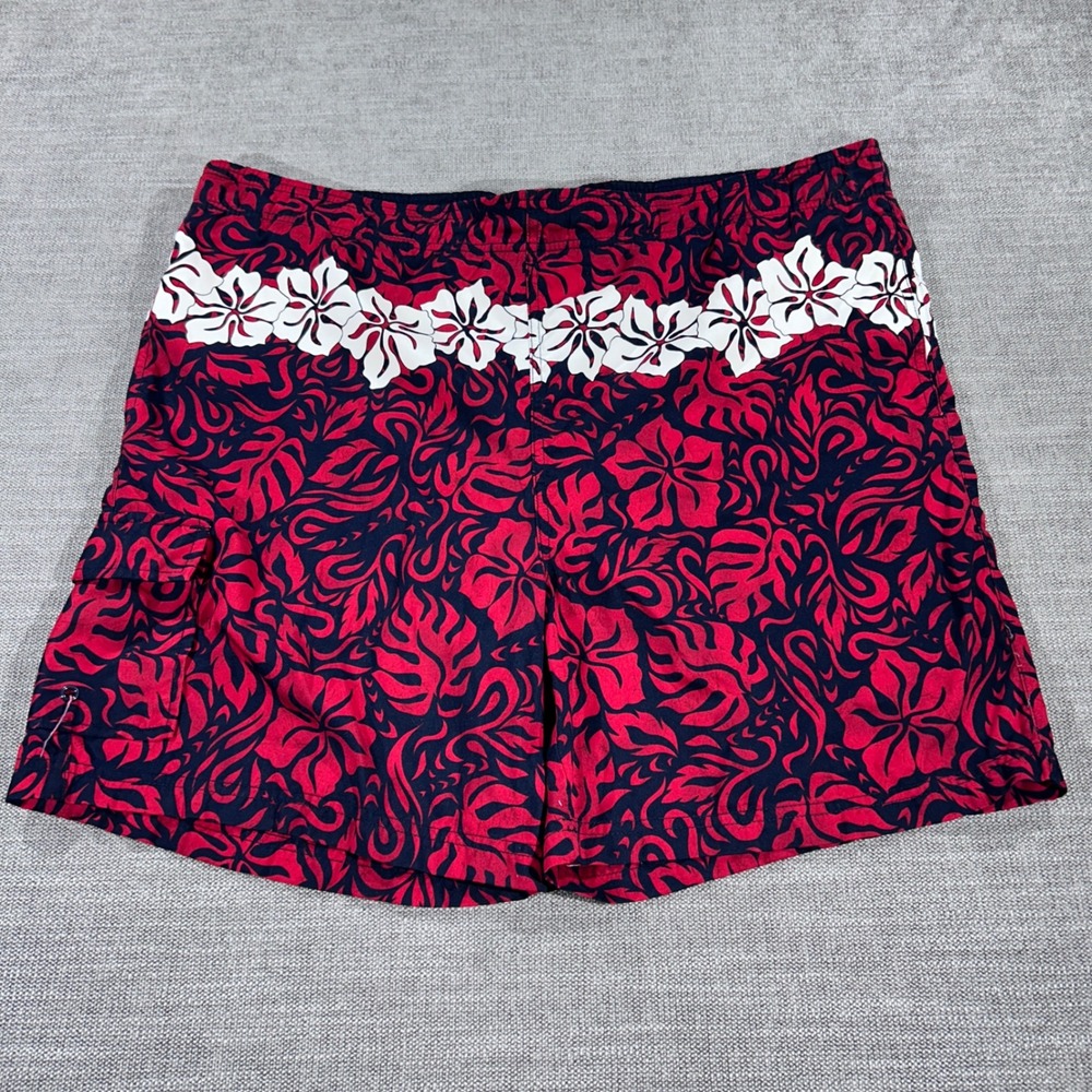 Cheetah Board Shorts Mens Large Red Navy Blue Excellent Tropical Floral Swim - Picture 2 of 7